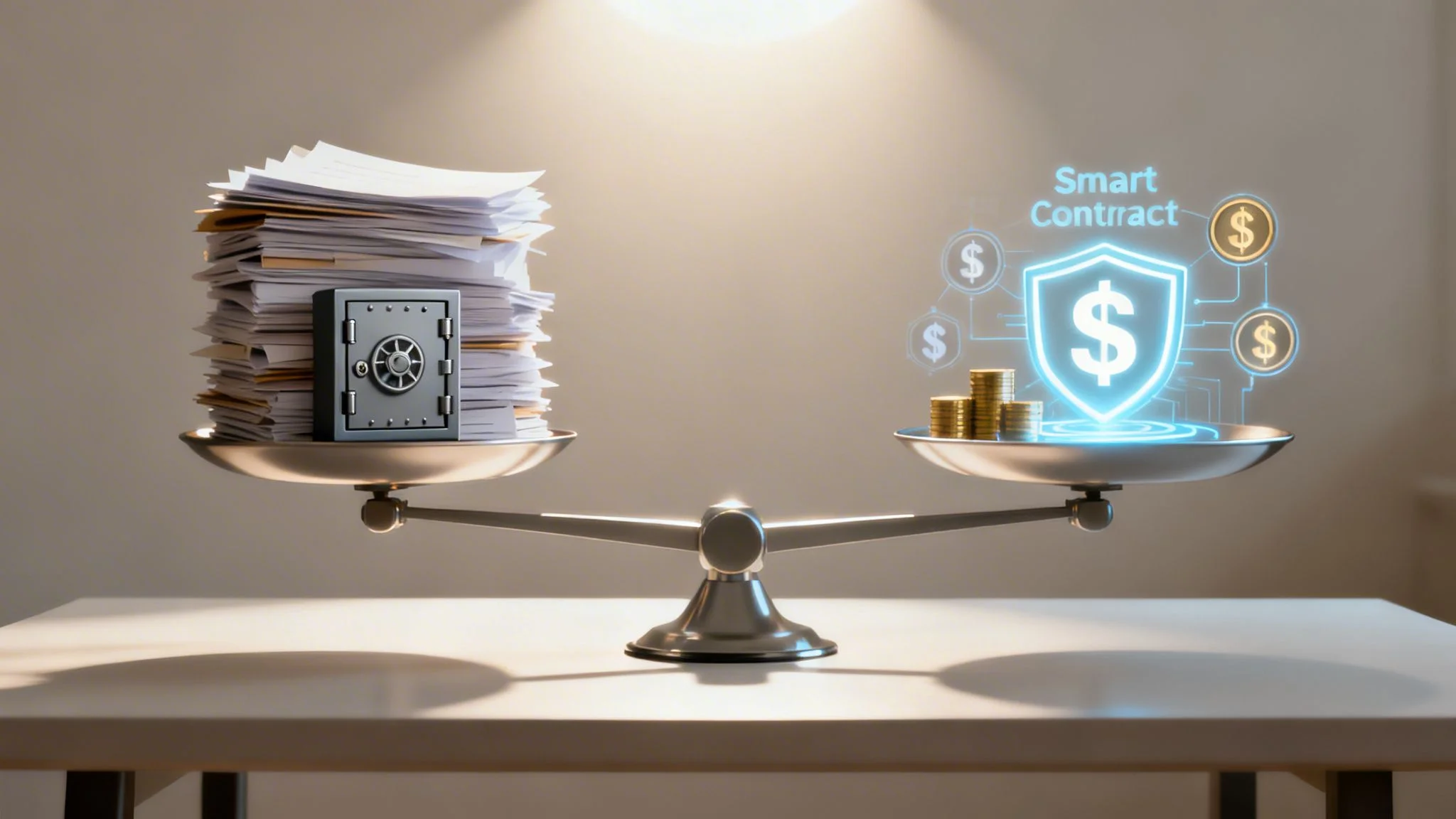 A balance scale shows traditional documents and a safe versus a smart contract shield and digital currency.