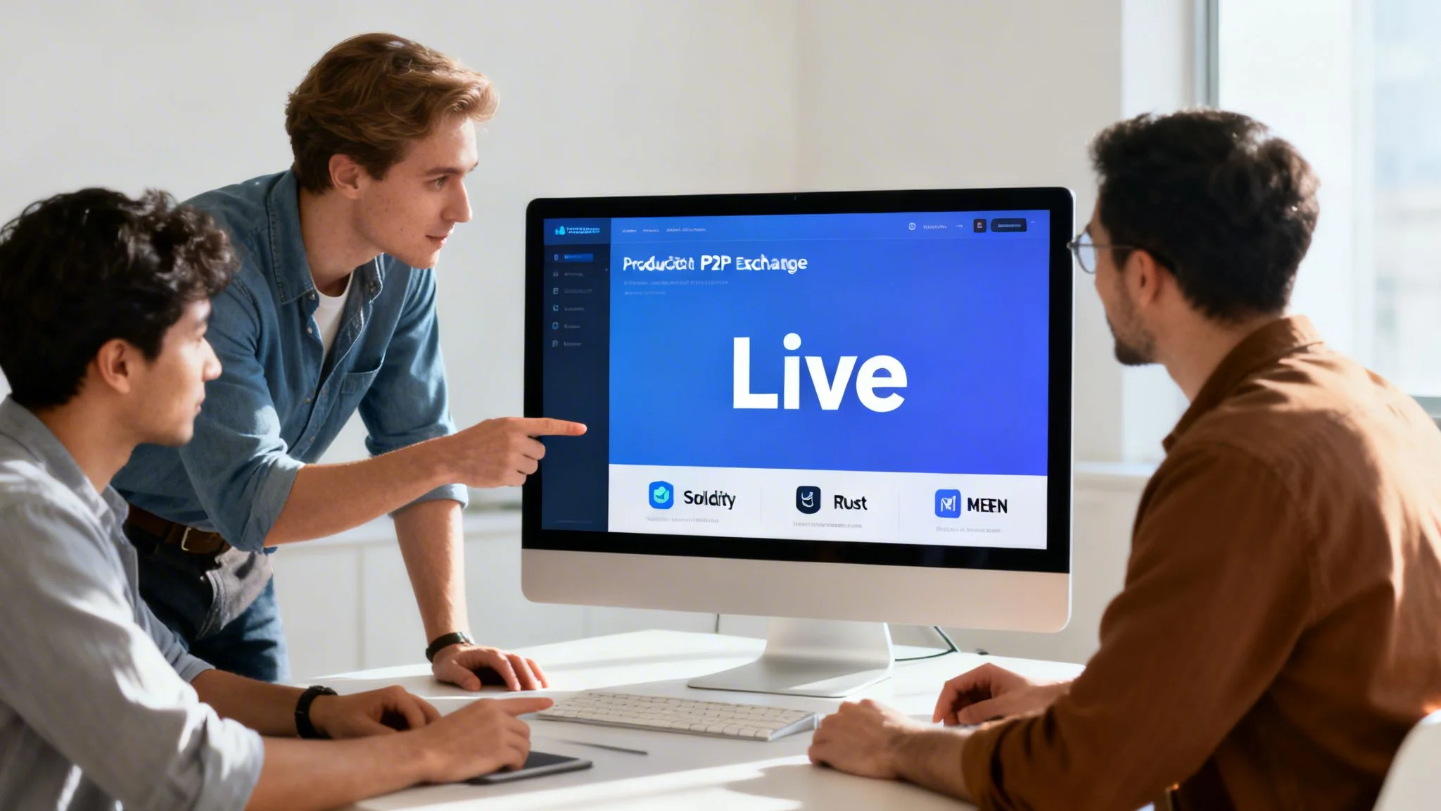 Three men collaborating on a P2P crypto exchange project displayed on a computer screen.
