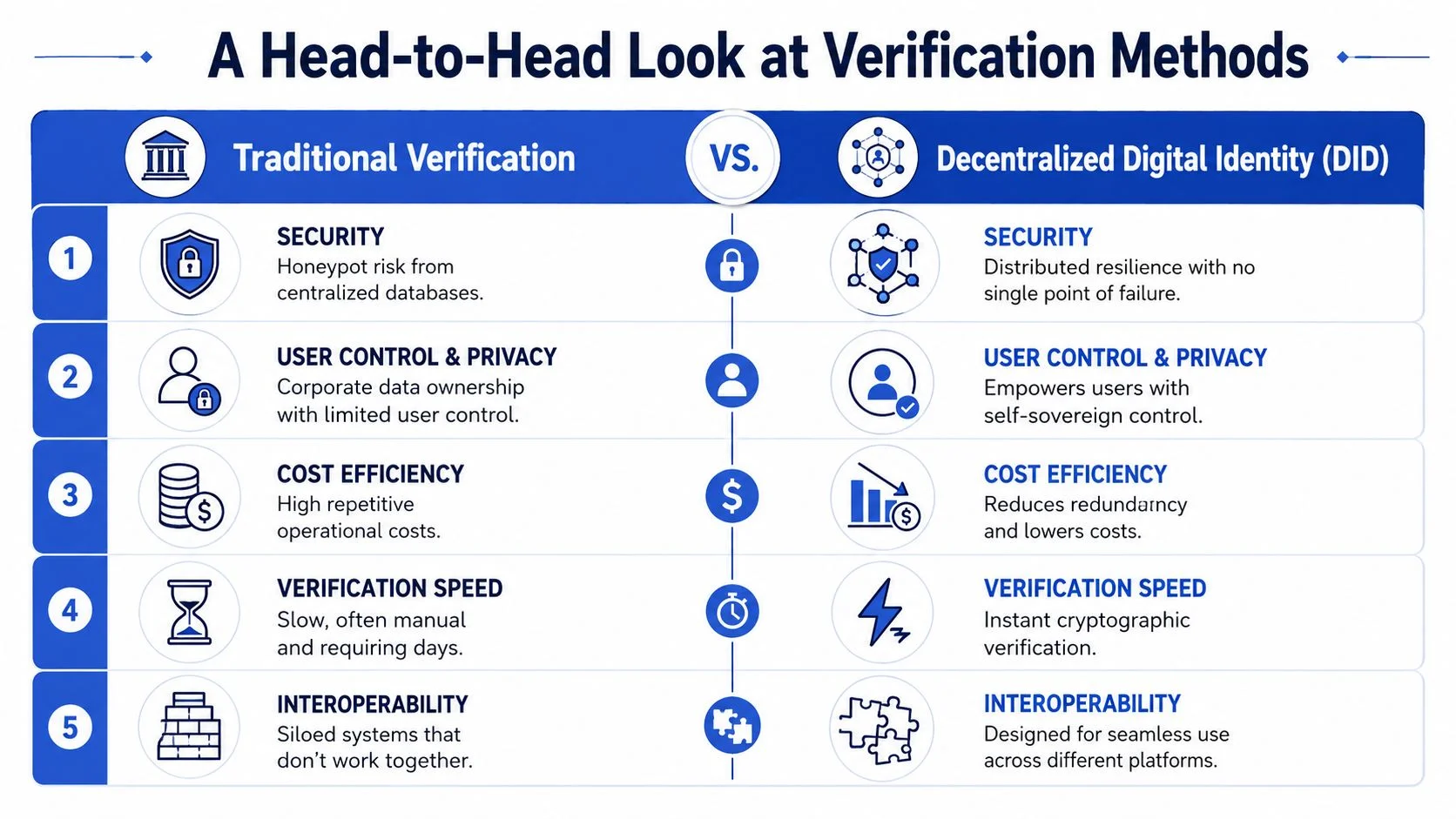 A comparison chart showing benefits of decentralized digital identity versus traditional document verification methods.