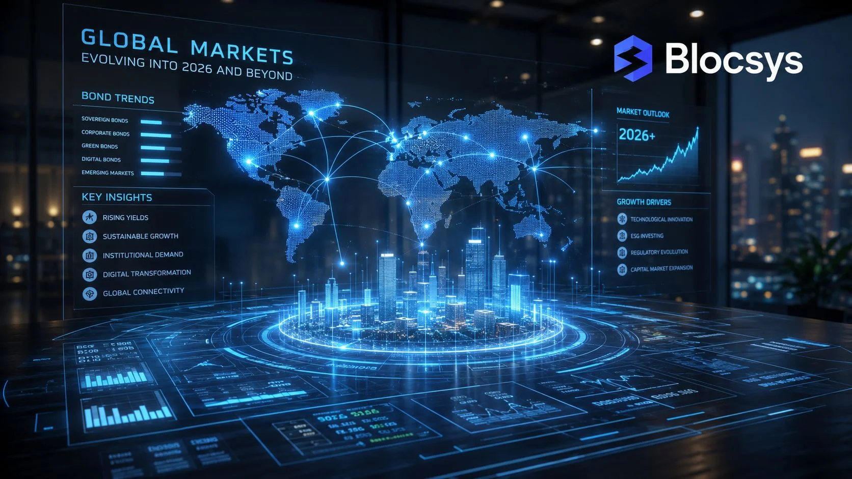 A digital interface showcasing global bond market trends, 2026 outlook, and technological growth drivers for corporate finance.