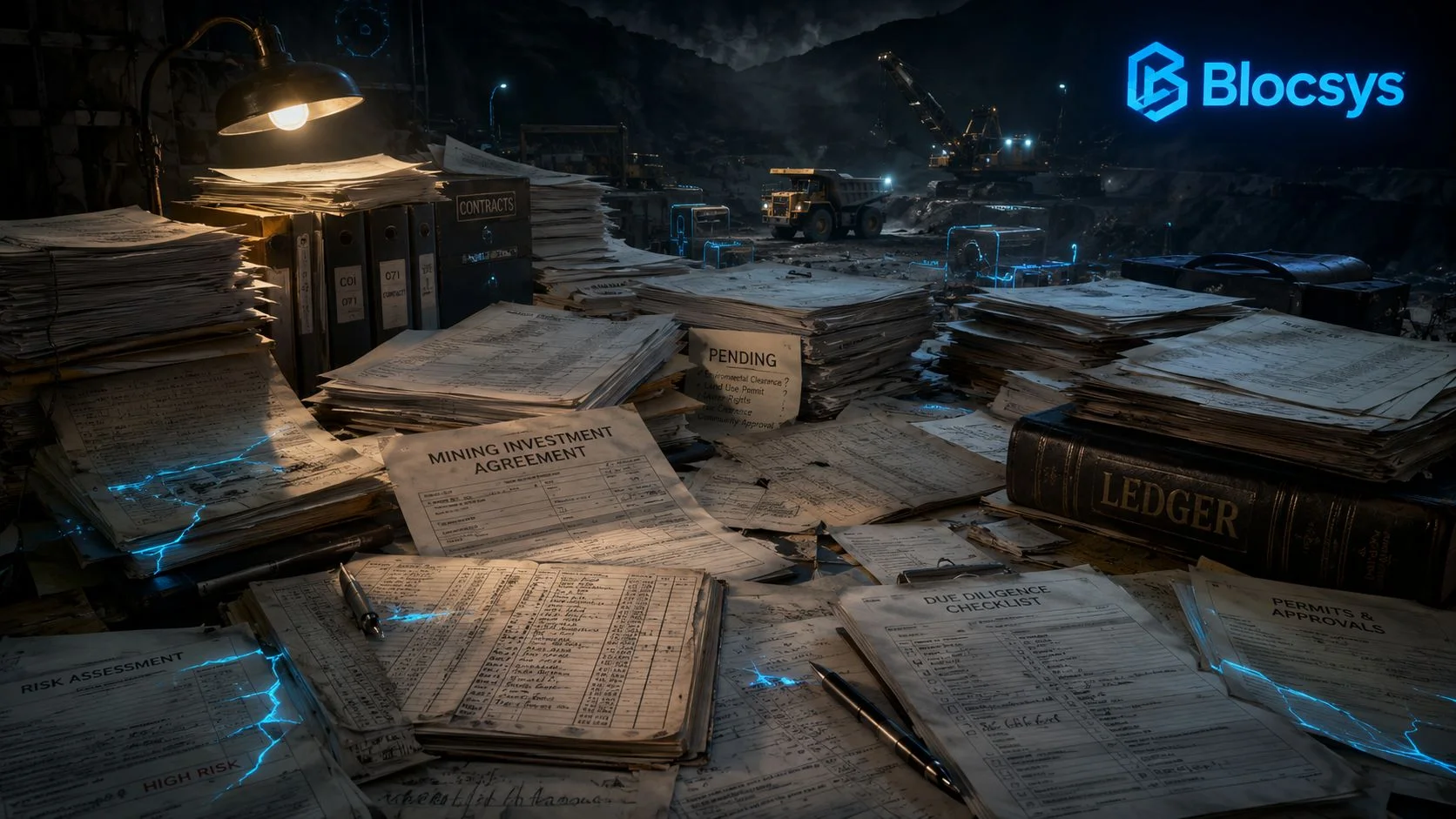 A chaotic desk filled with mining investment documents, ledgers, and contracts against a dark mining site background.