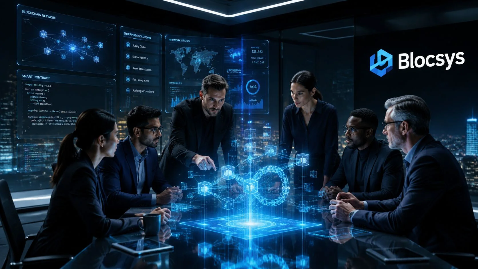 A professional team in a modern boardroom collaborating over a glowing holographic blockchain interface at night.