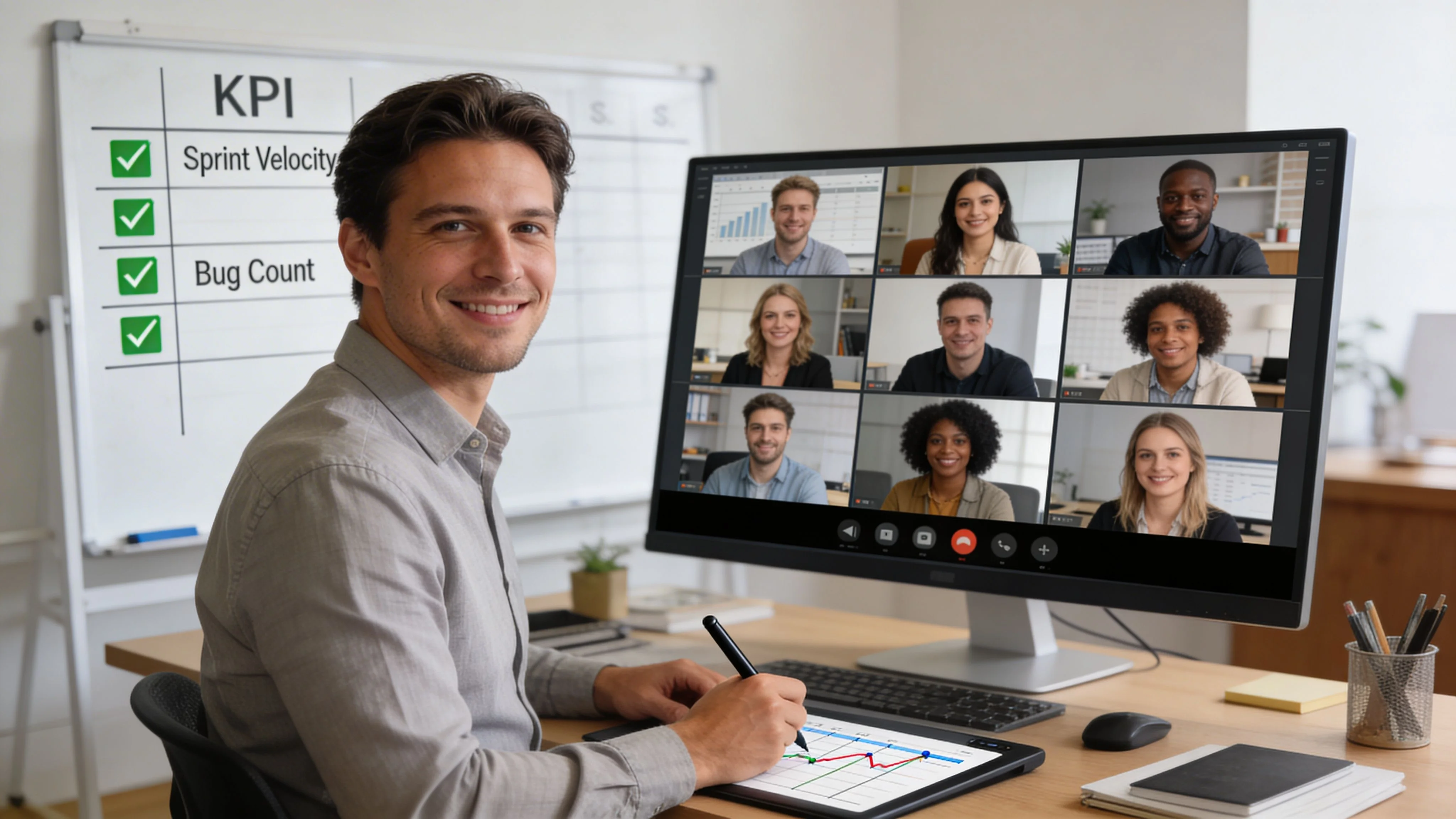 A professional developer collaborating with a remote team on a video call while analyzing data metrics.