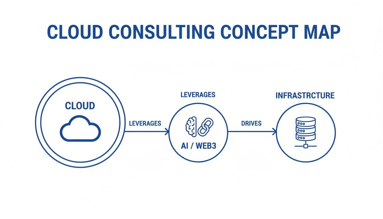 A concept map for cloud consulting, showing cloud leveraging AI/Web3 to drive infrastructure.
