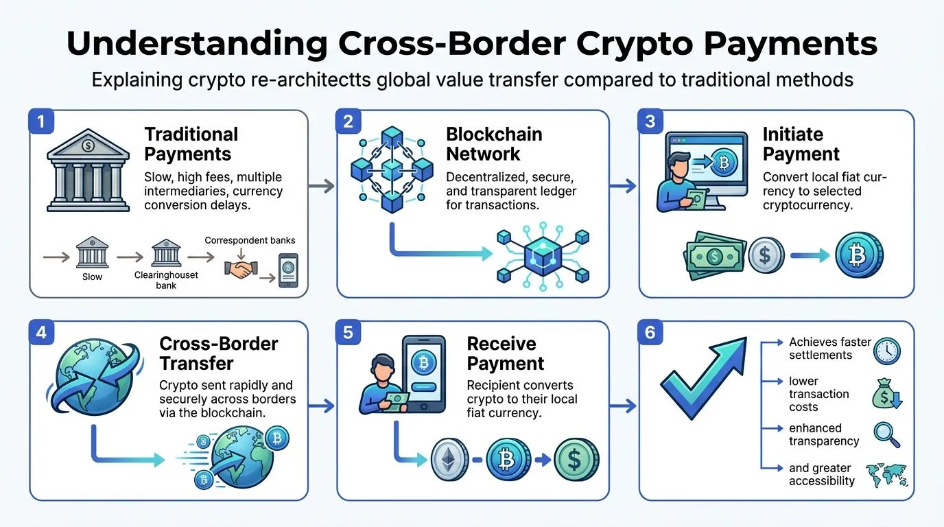 A flowchart explaining the process of cross-border crypto payments compared to traditional financial methods.