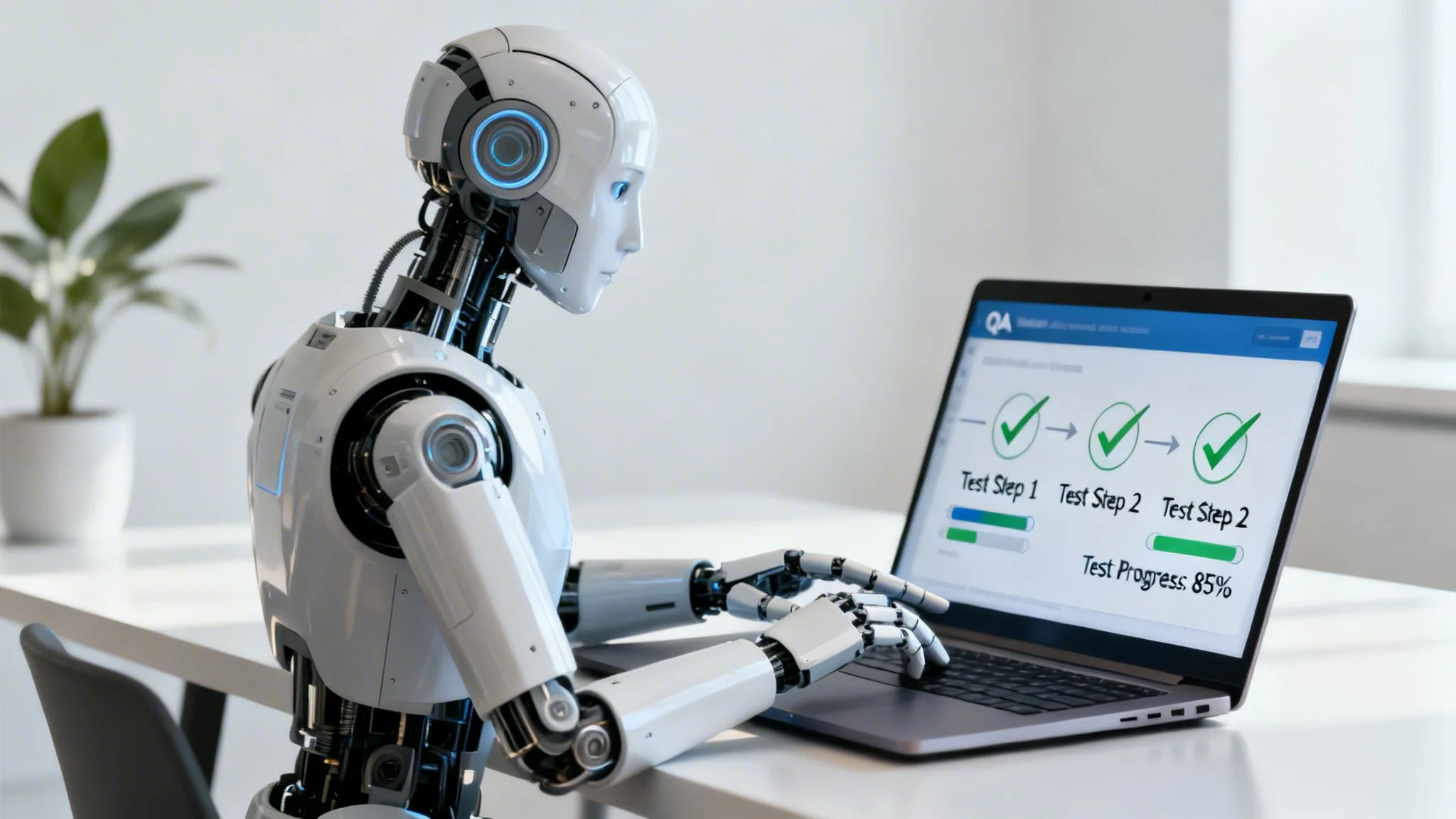 Humanoid robot performing quality assurance tests on a laptop, displaying test progress.