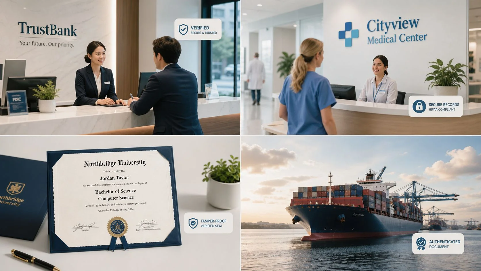 A collage showing blockchain technology use cases in banking, healthcare, education, and global shipping verification.