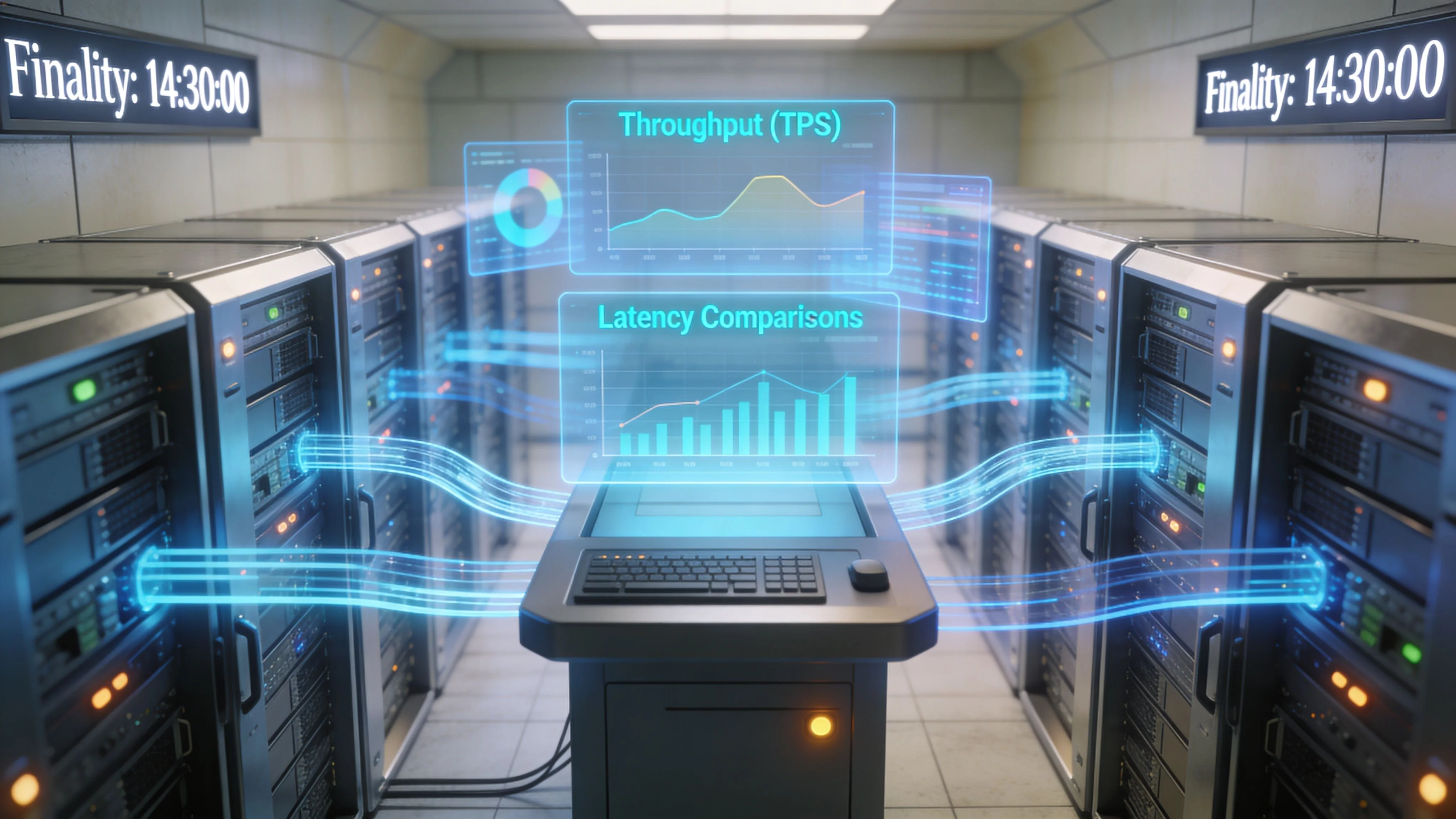 A server room visualization displaying holographic charts comparing blockchain throughput and latency in a data center.