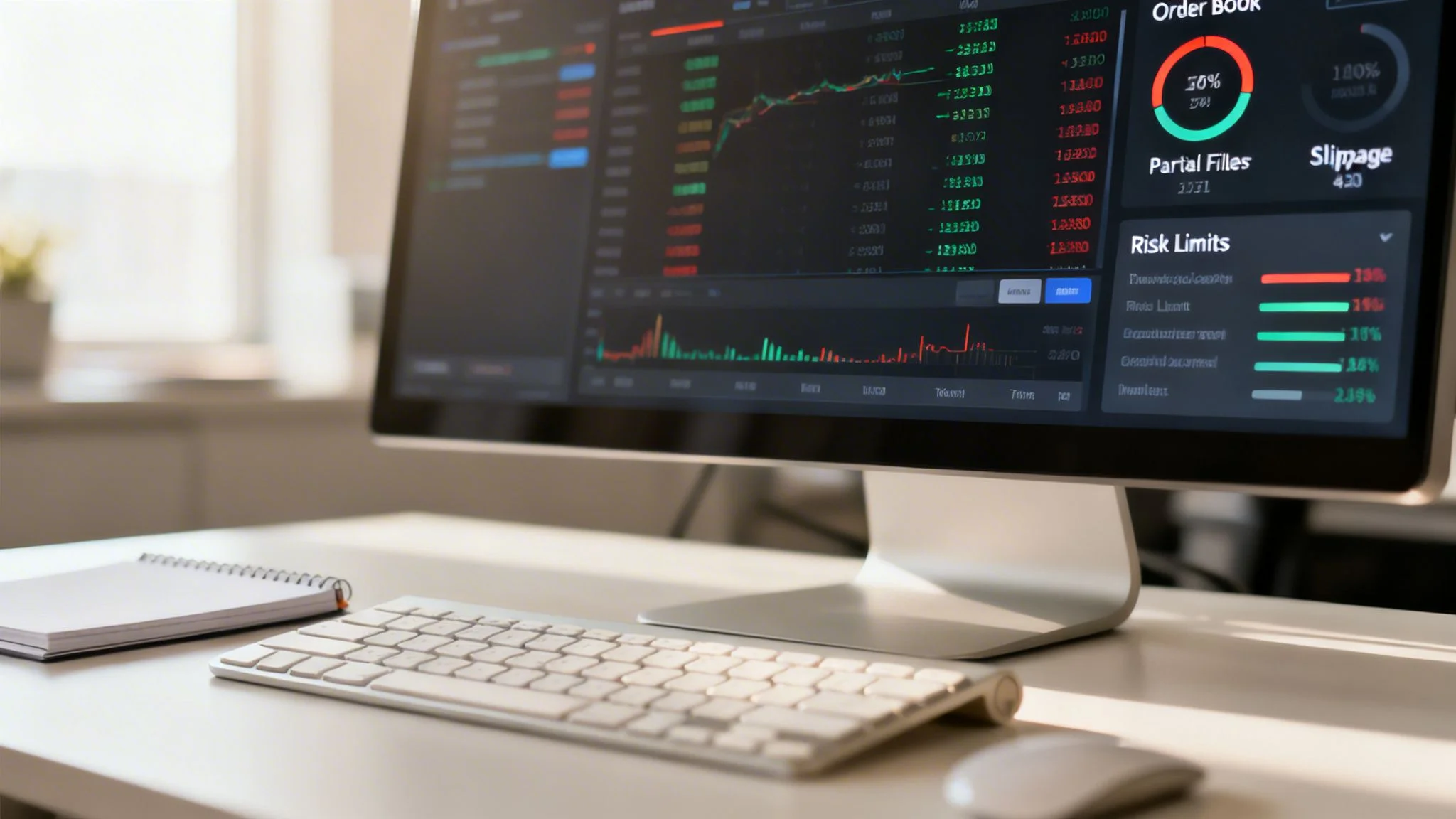 Computer monitor displaying cryptocurrency trading data, charts, and risk limits on a modern desk.