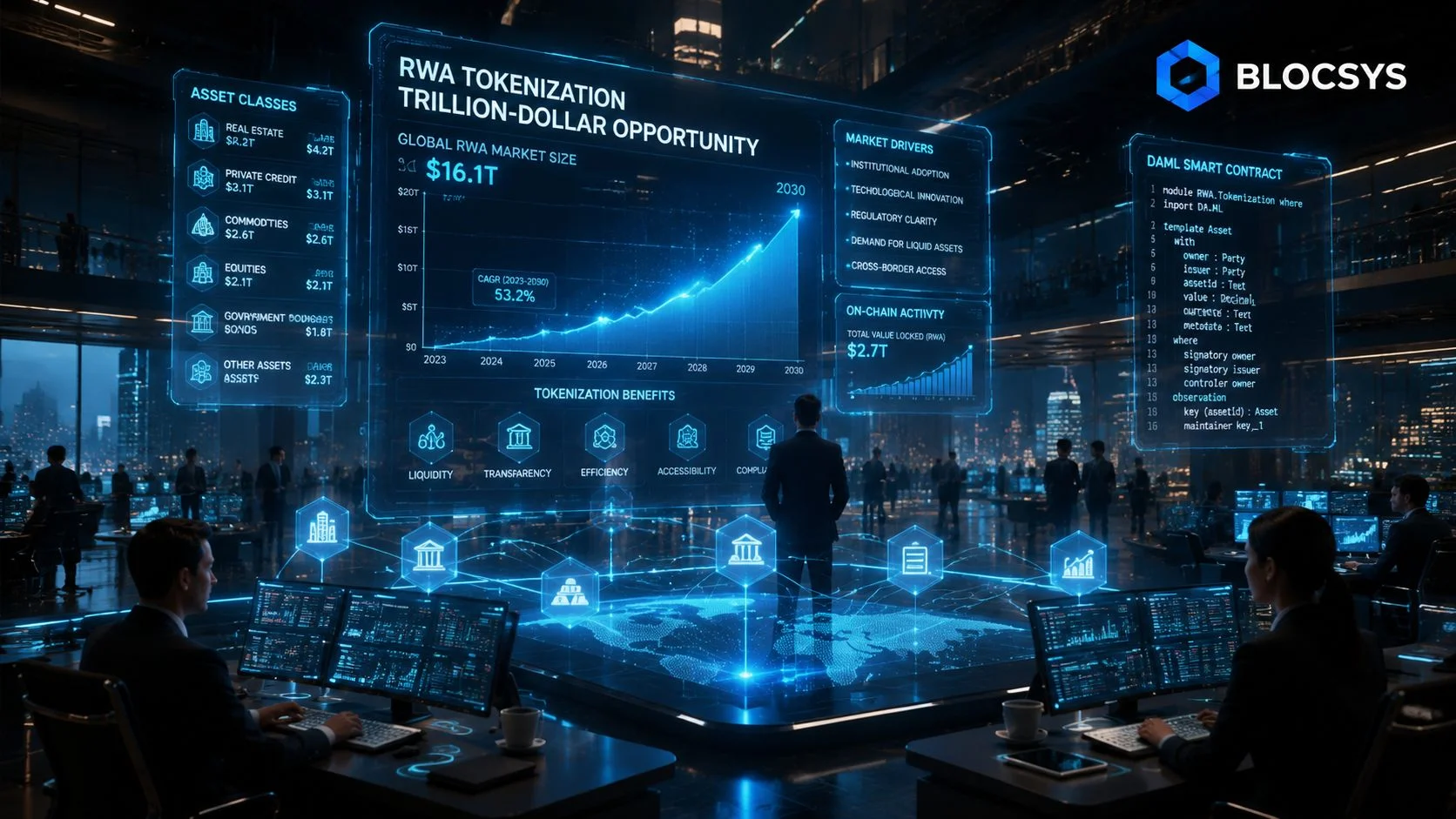 A professional financial office displaying digital data visualizations and holographic projections about global RWA tokenization opportunities.