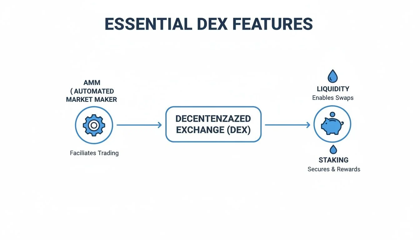 Flowchart illustrating essential Decentralized Exchange (DEX) features: AMM, liquidity, and staking.