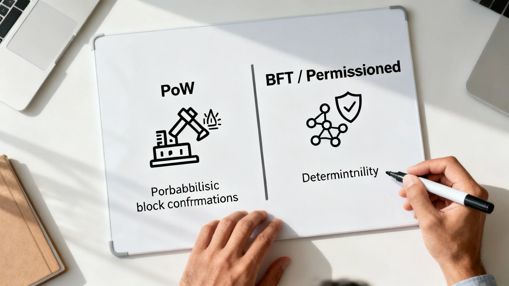 Whiteboard comparing Proof of Work (PoW) and BFT/Permissioned blockchains with icons and text.