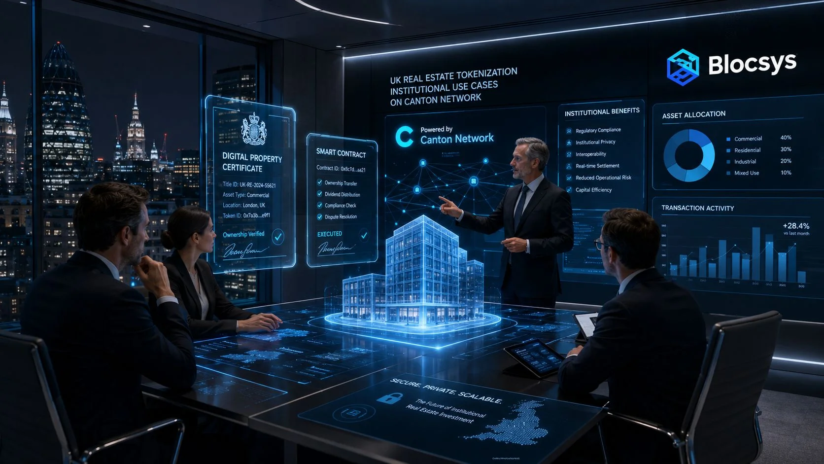 A professional business meeting discussing real estate tokenization on the Canton Network in a modern London office.