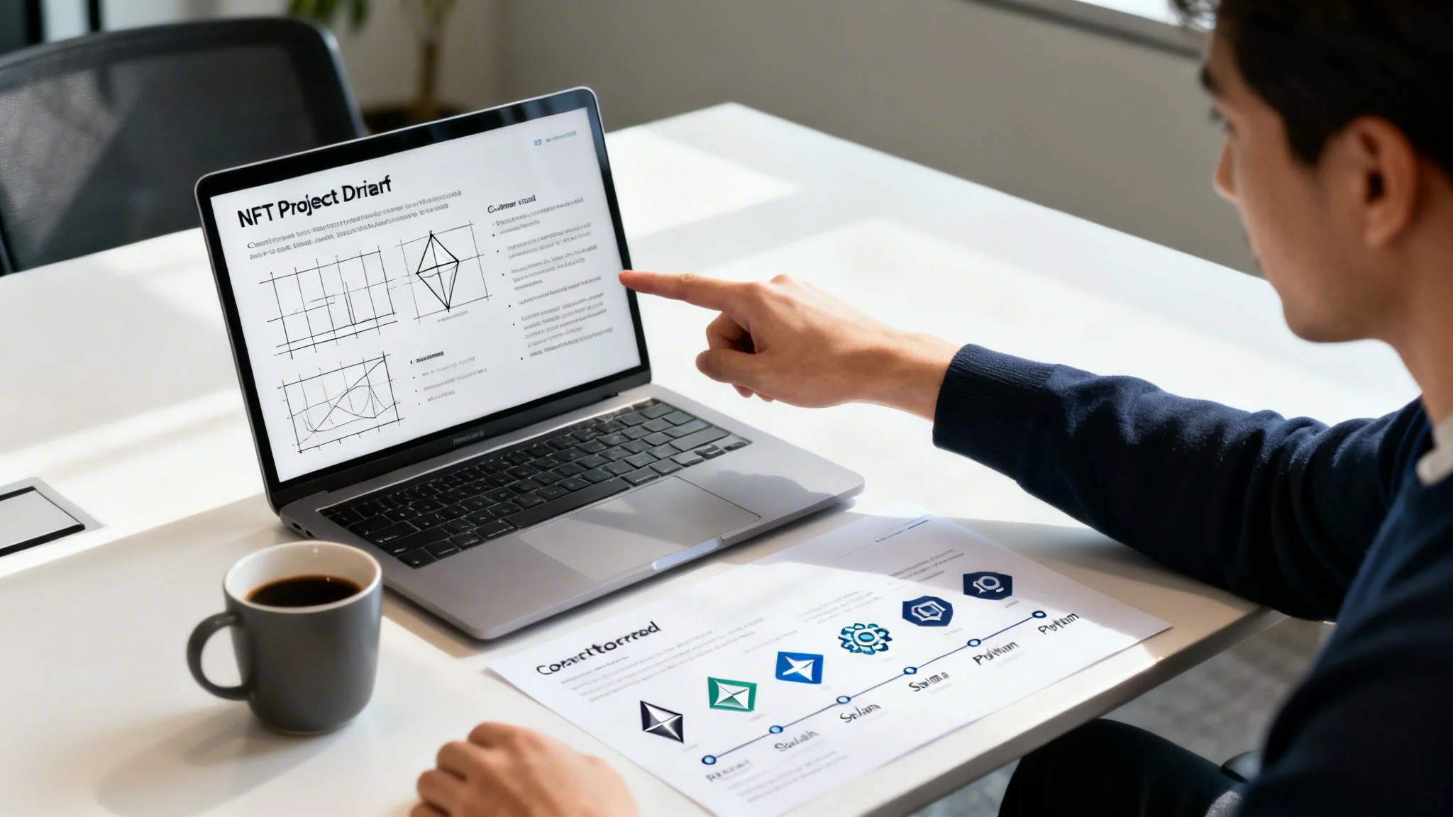 A person points at a laptop screen displaying an NFT project plan and charts, with coffee and documents on the desk.
