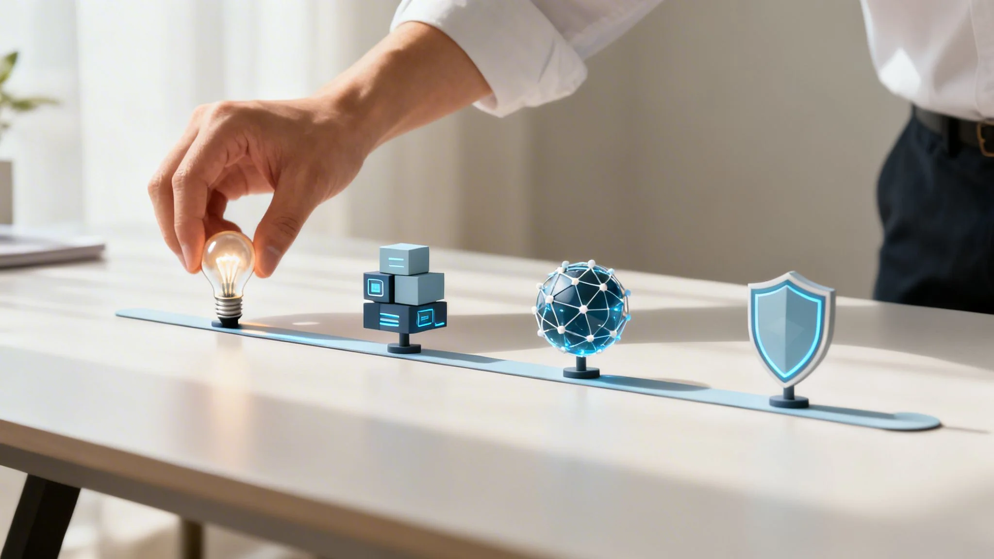 A hand places a lightbulb onto a timeline, representing the journey from idea to secure digital implementation.