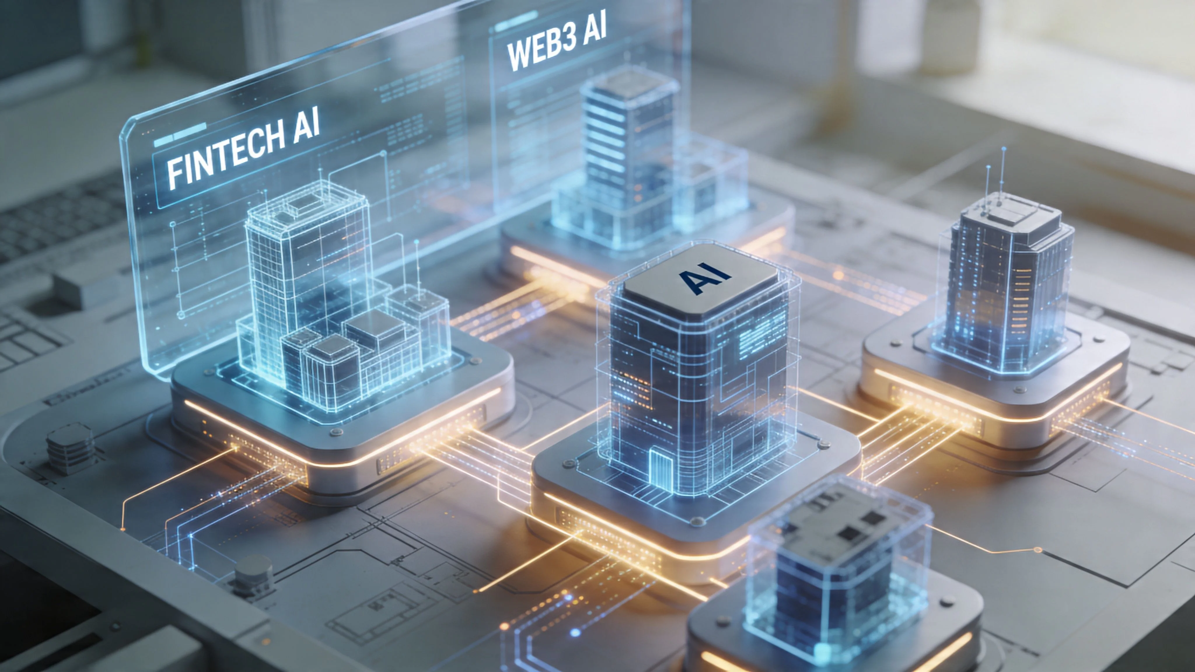 A futuristic digital representation of interconnected smart city buildings representing FinTech and Web3 artificial intelligence technologies.
