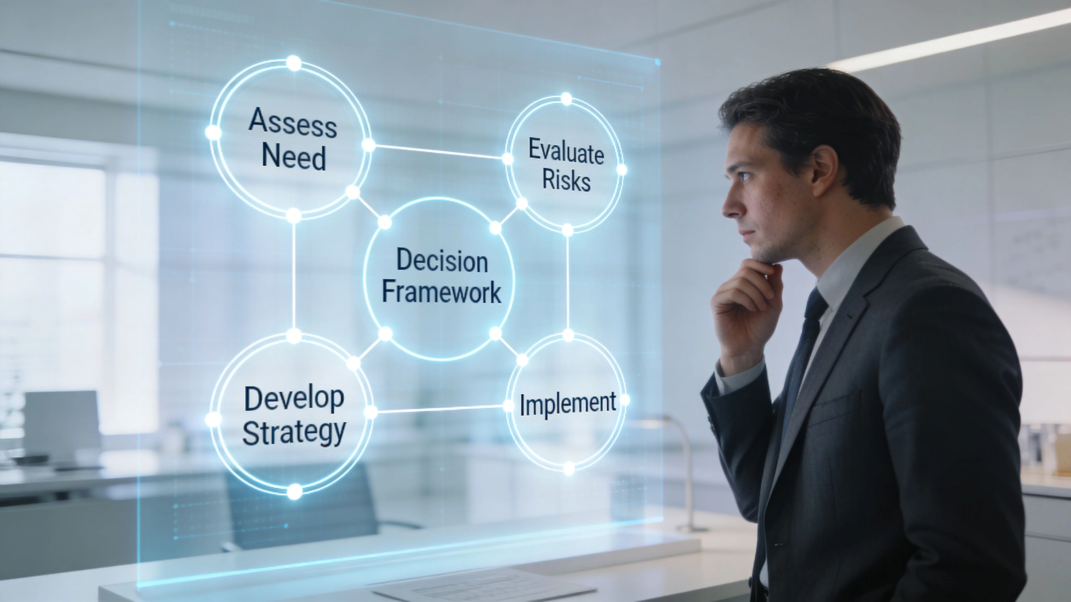 A professional man in a suit contemplates a digital decision framework projection in a modern office environment.