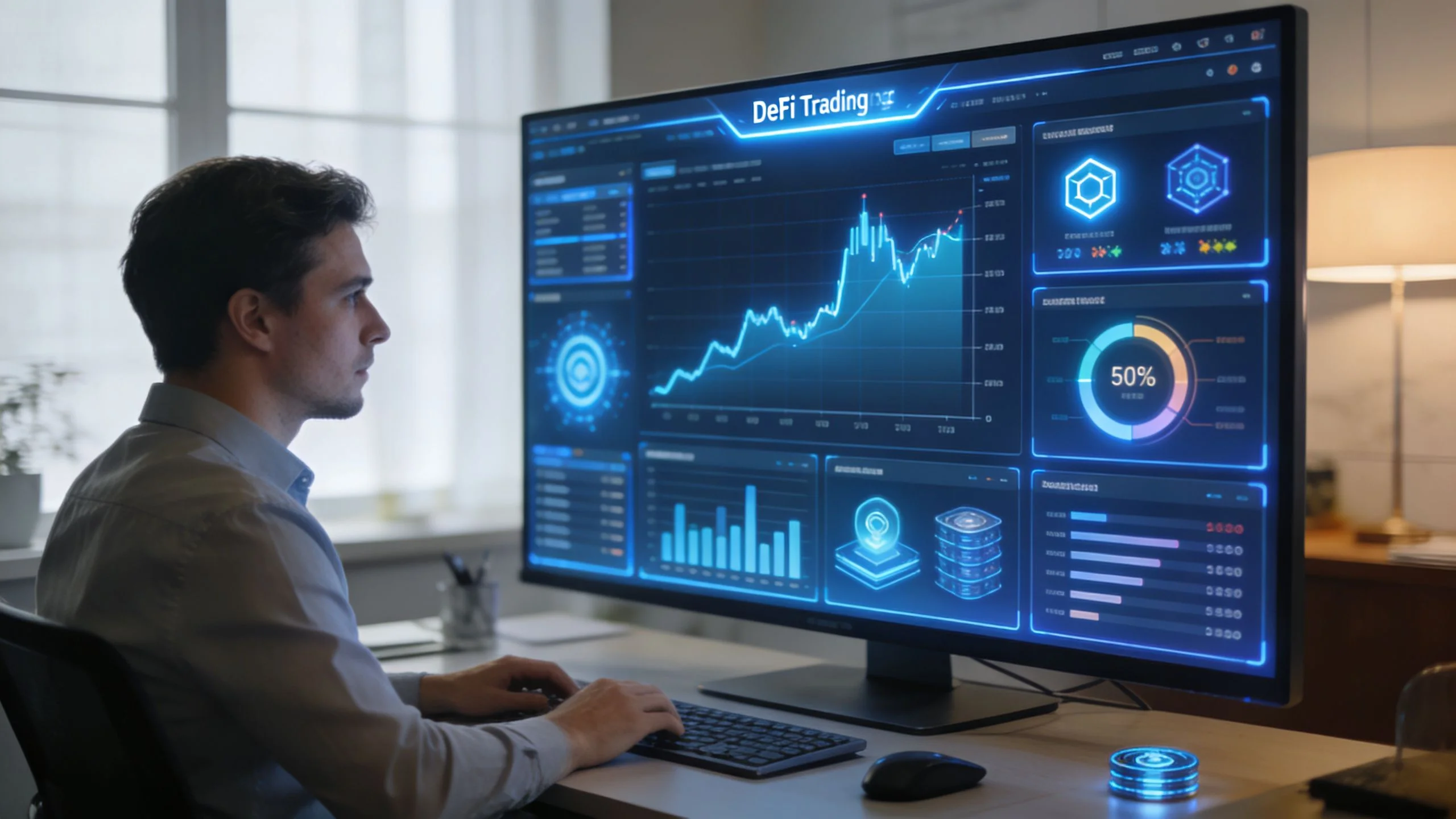A man focused on a large digital screen displaying complex financial DeFi trading charts and data analytics.