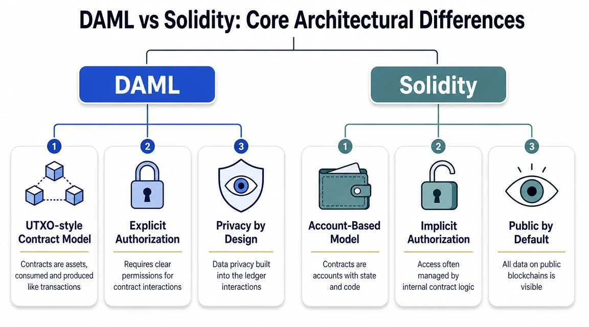 A comparison chart highlighting the core architectural differences between DAML and Solidity smart contract languages.