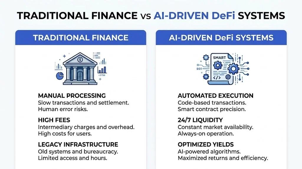 A comparison chart outlining the key differences between traditional finance systems and AI-driven DeFi financial platforms.