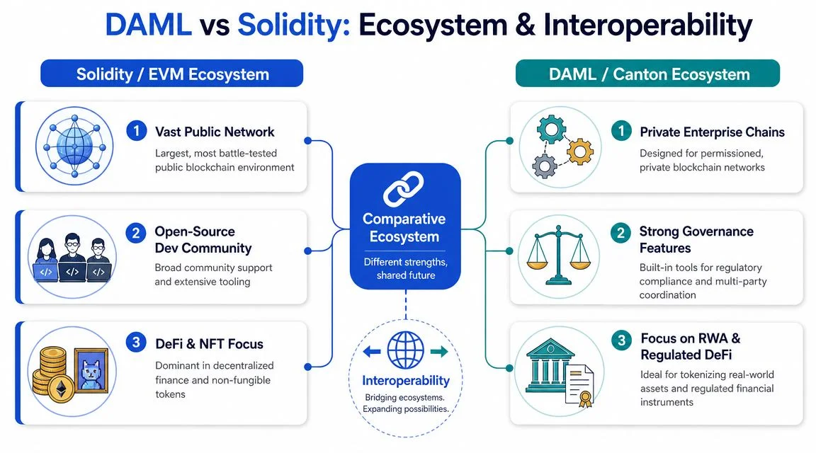 A comparison chart showing the differences and interoperability between the Solidity/EVM and DAML/Canton blockchain ecosystems.