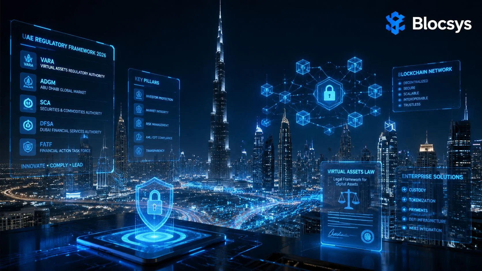 A digital graphic showcasing the 2026 UAE regulatory framework for crypto, blockchain technology, and financial security compliance.