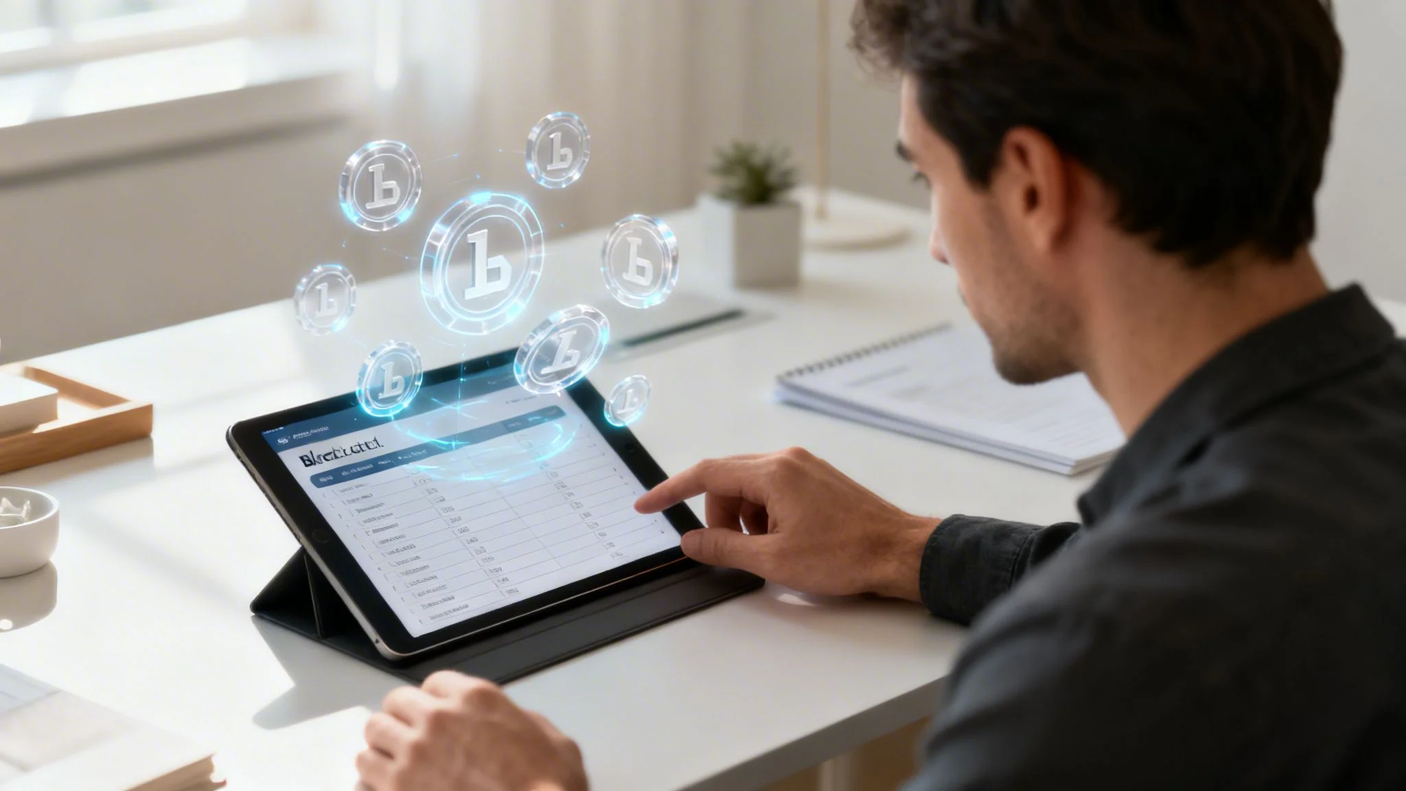 A man views a tablet displaying financial data, with holographic crypto tokens floating above.