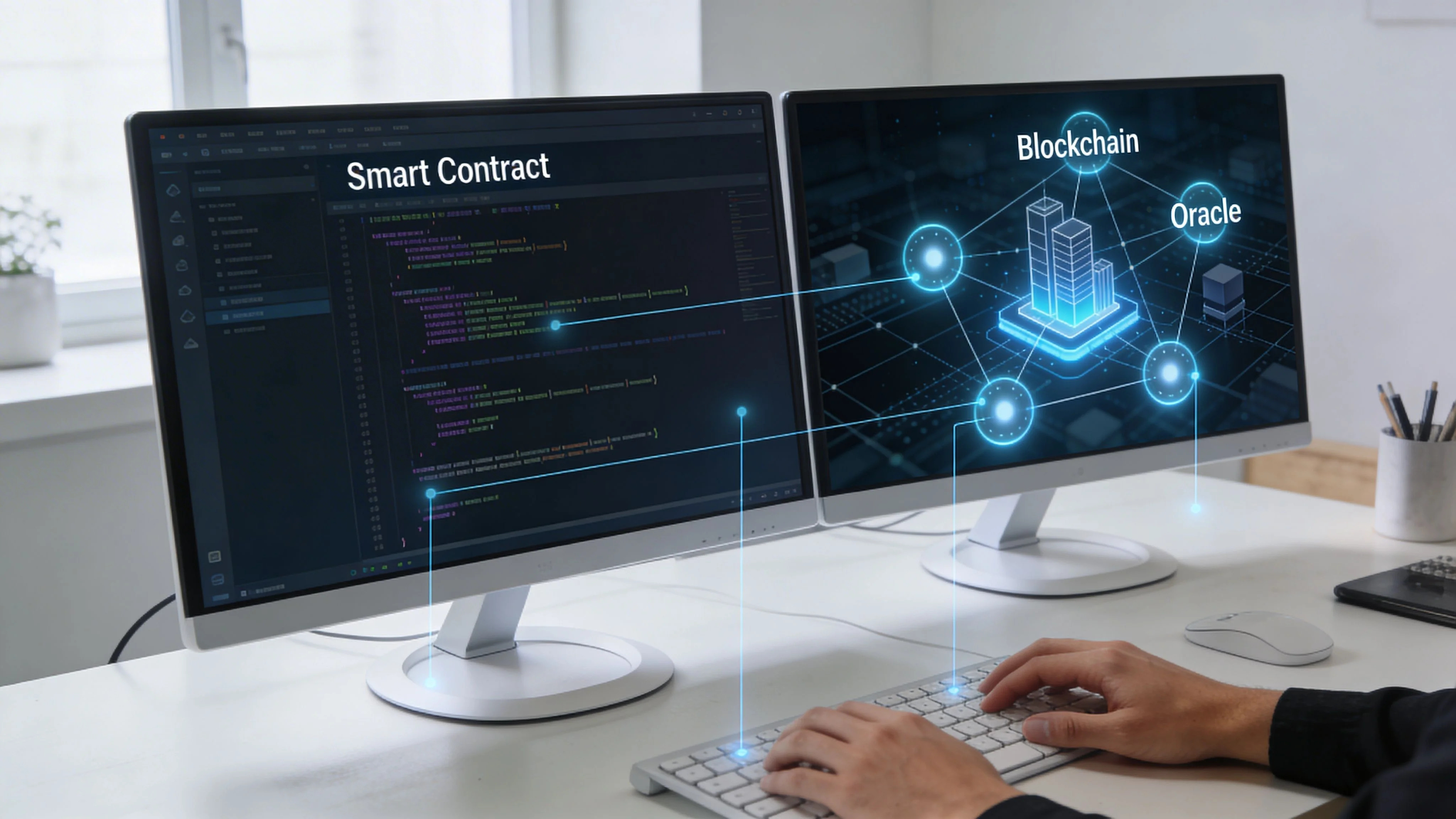 A developer typing on a computer keyboard with dual monitors displaying smart contract code and blockchain oracle technology.