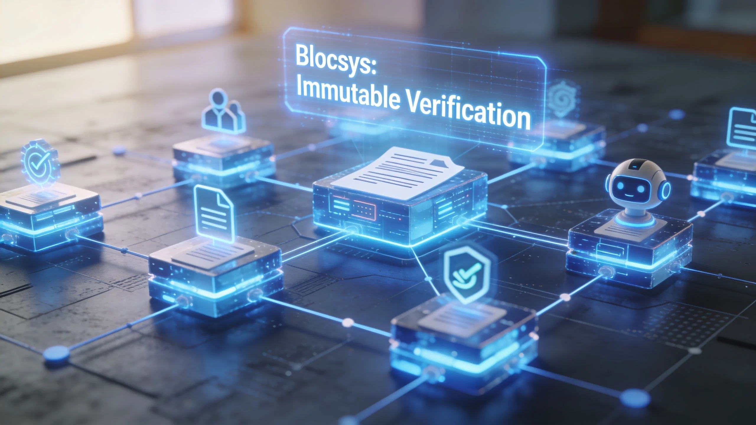 A digital representation of blockchain technology showing interconnected blocks representing immutable document verification systems and data integrity.