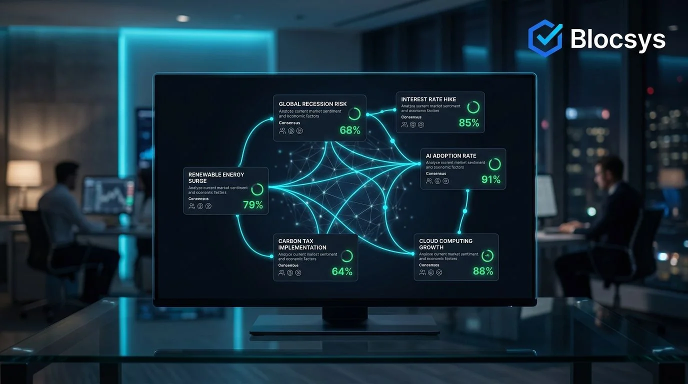 A modern computer screen displaying complex market sentiment data and economic trends with a glowing network diagram.