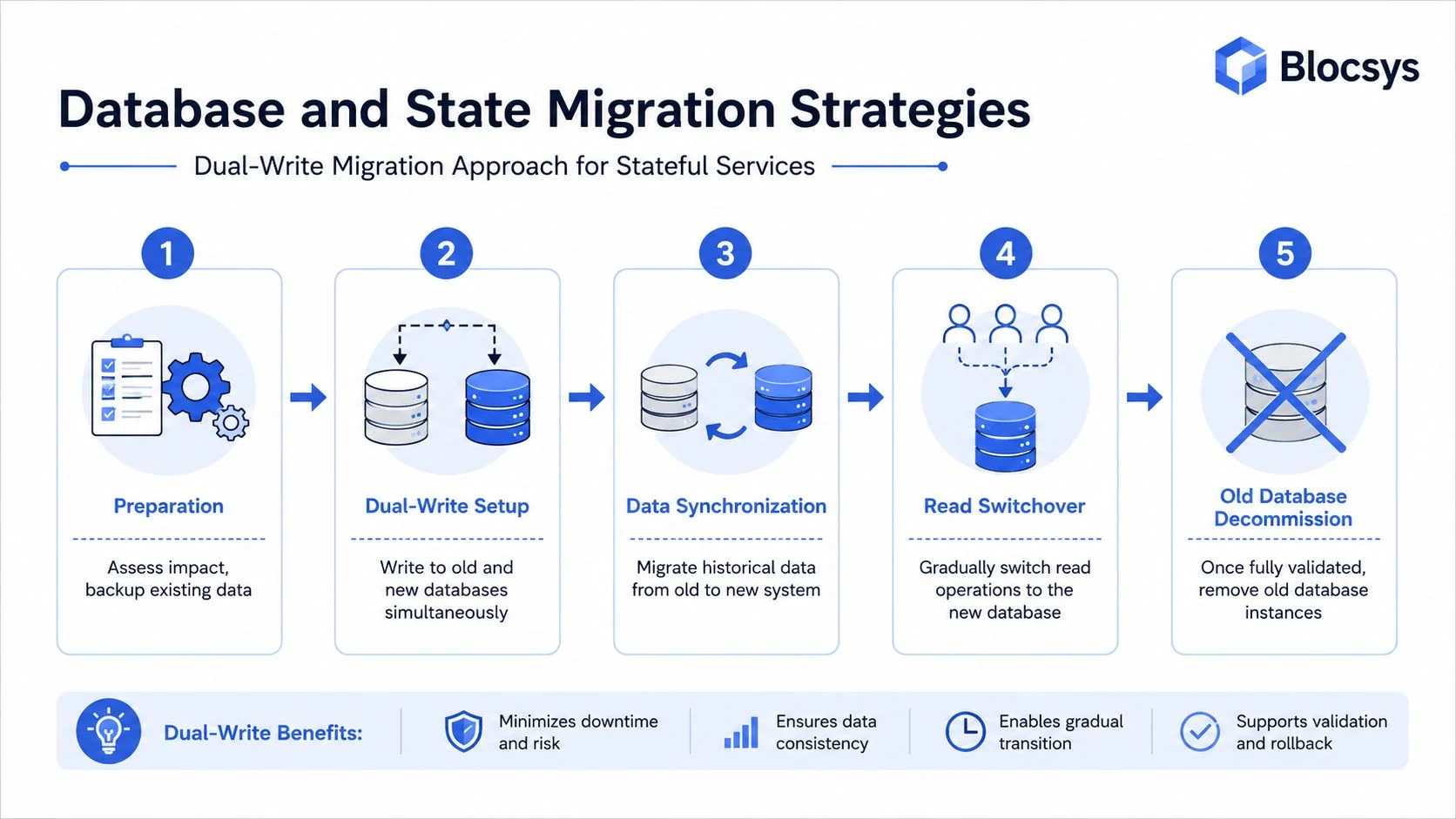 A five-step infographic illustrating the dual-write migration strategy for moving data between database systems.