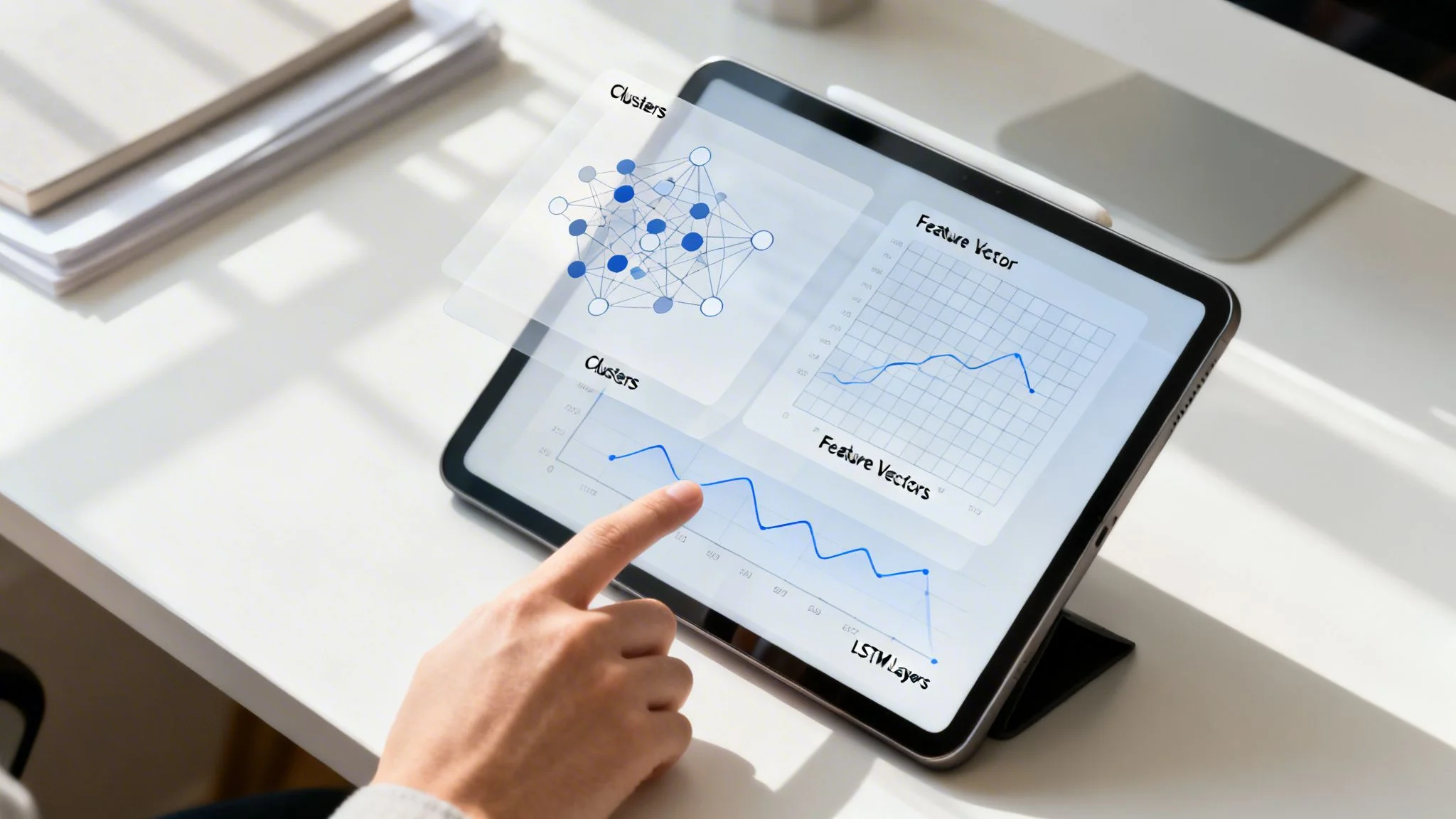 A person interacts with a tablet displaying AI data visualizations, neural networks, and graphs.