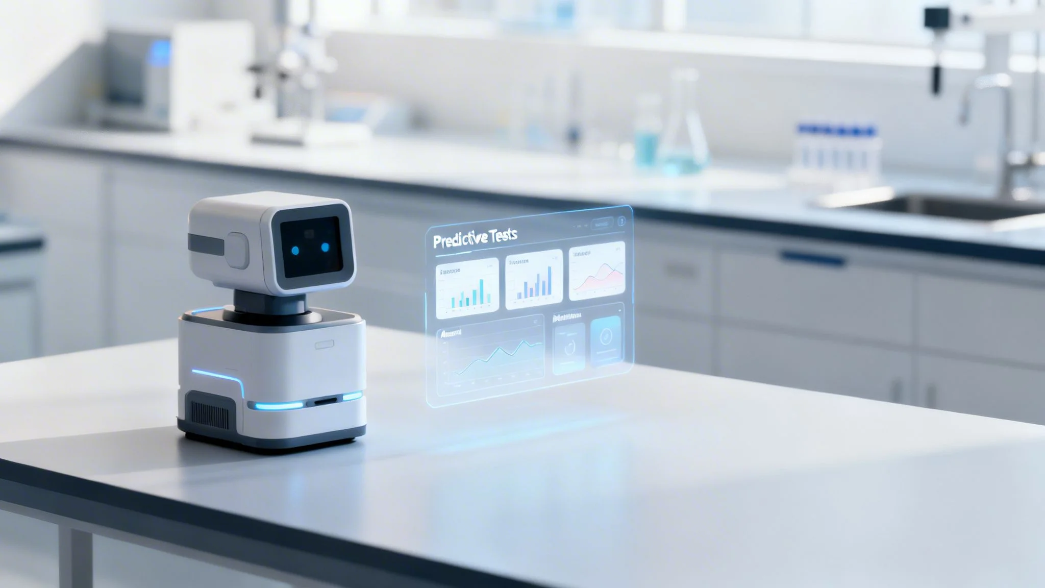 A small white robot in a modern lab displays a holographic interface with 'Predictive Tests' data.