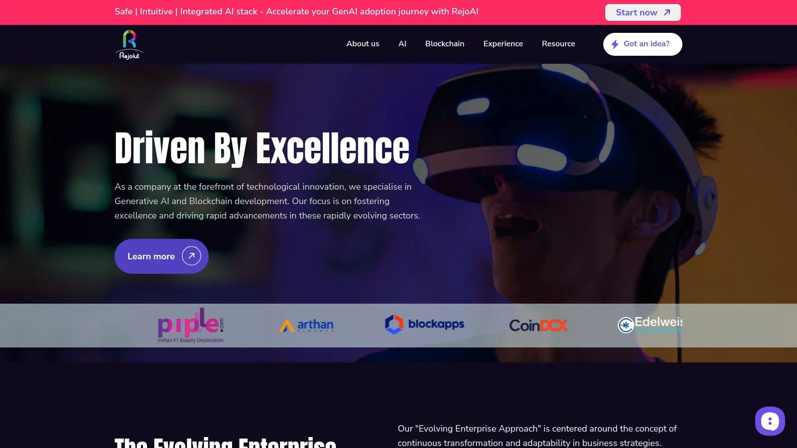 Rejolut homepage showcasing technology expertise