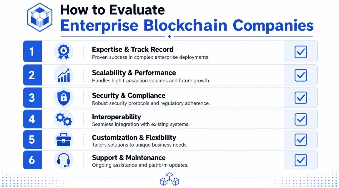 A checklist infographic titled How to Evaluate Enterprise Blockchain Companies, highlighting six key factors for business success.
