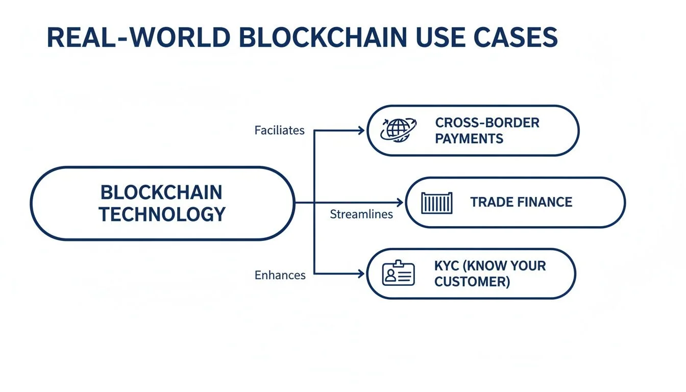 Diagram illustrating real-world blockchain technology use cases for cross-border payments, trade finance, and KYC.