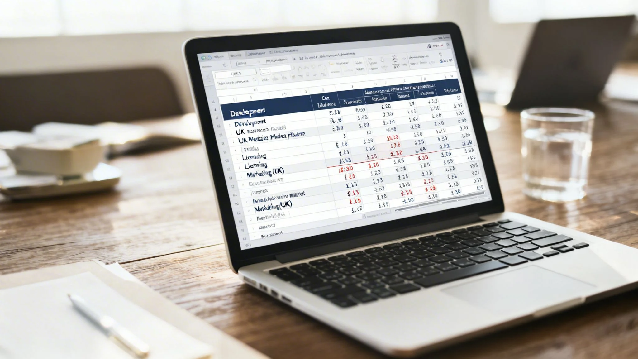 A laptop on a wooden desk displaying a spreadsheet with financial data about development and marketing platforms.