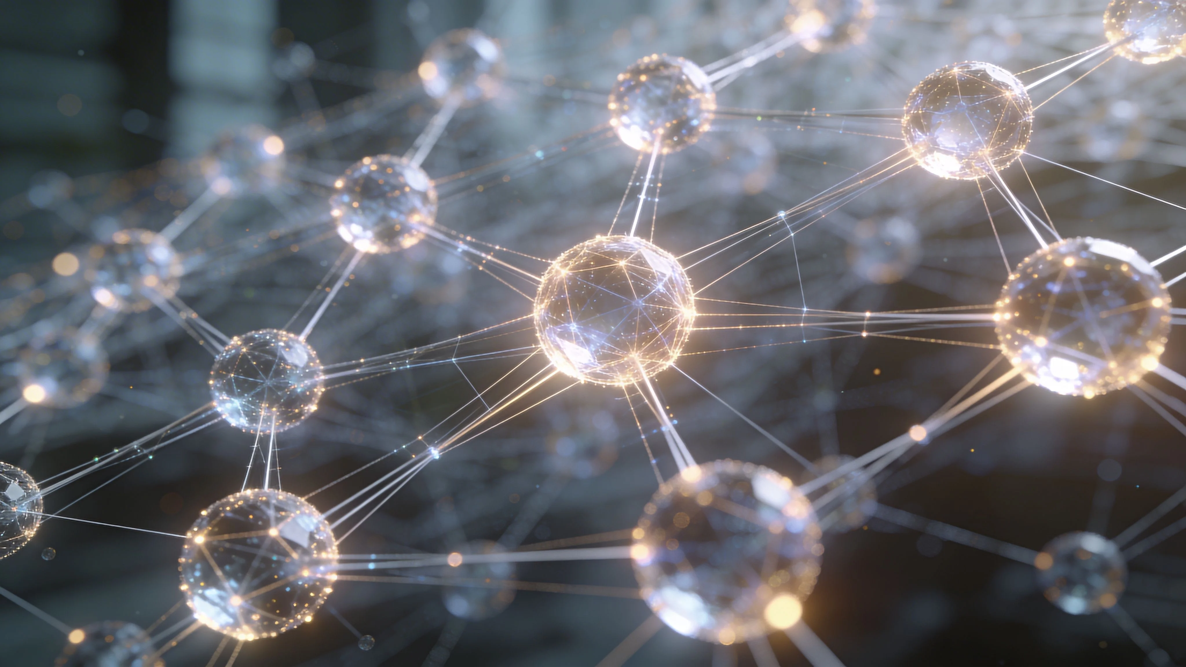 A 3D visualization of a glowing digital blockchain network with interconnected nodes and data transmission lines.