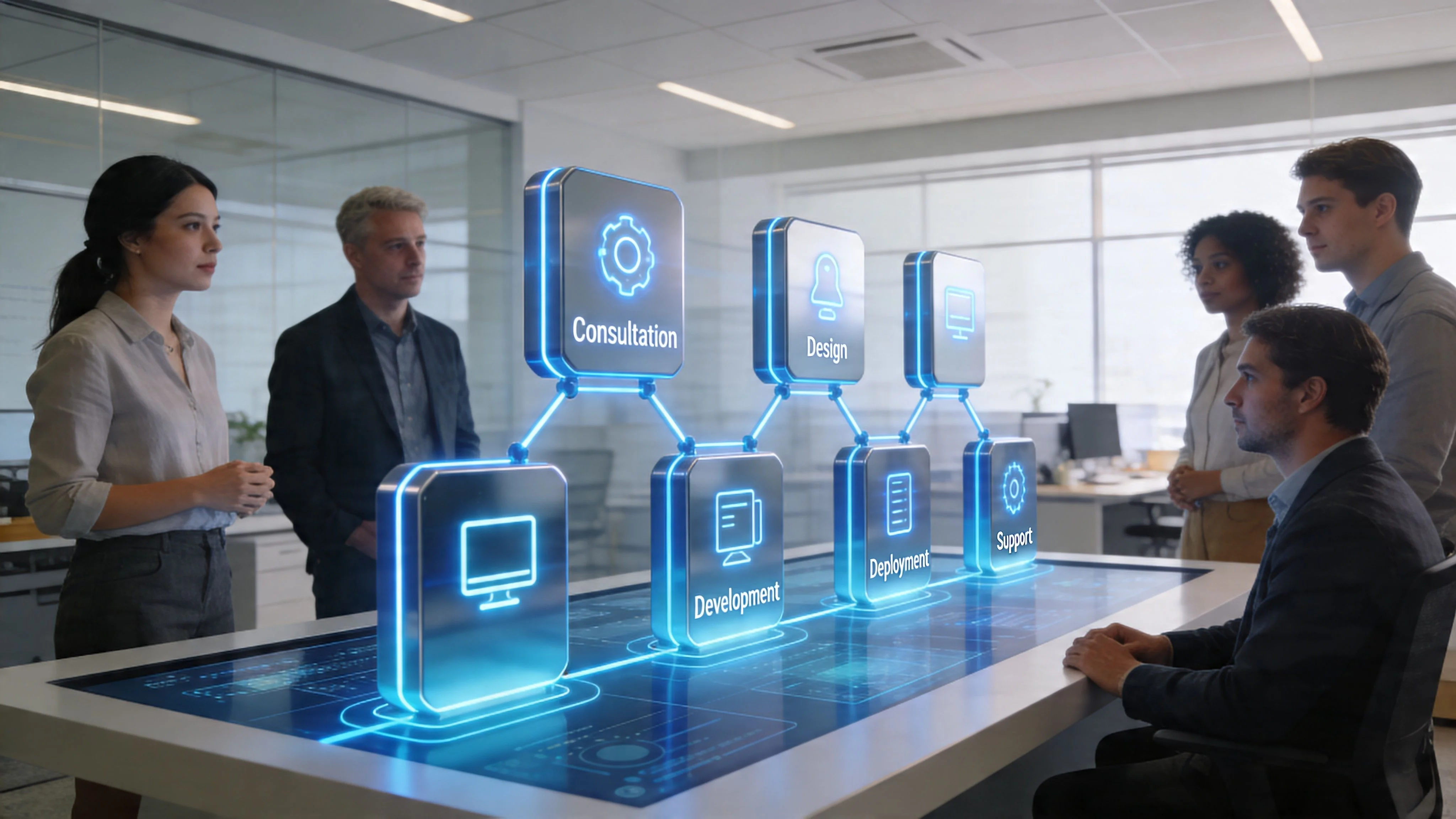 A professional business team analyzing a digital holographic interface showcasing software development service stages around a table.