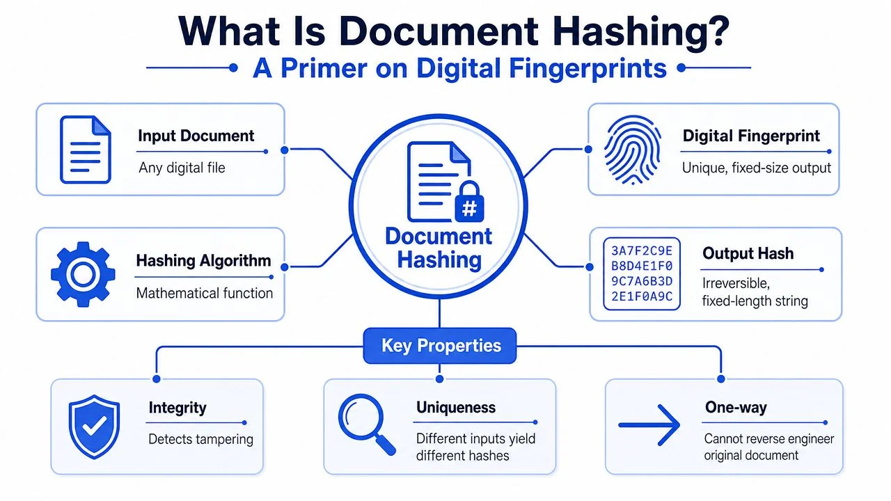 A diagram explaining document hashing, digital fingerprints, algorithms, output hashes, and key properties like integrity and uniqueness.