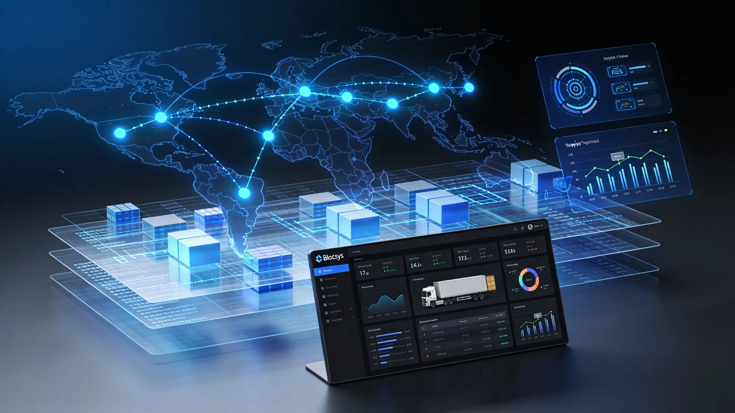 A digital supply chain dashboard showcasing global shipping routes, logistics data, and transportation analytics in a futuristic interface.