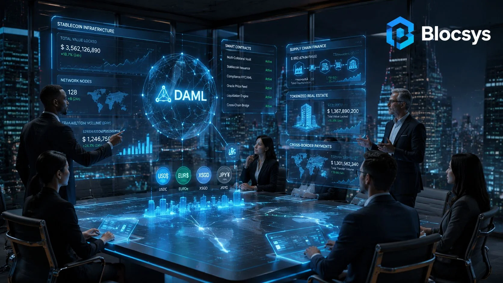 A professional team in a modern office analyzing digital financial data displays featuring DAML stablecoin infrastructure.