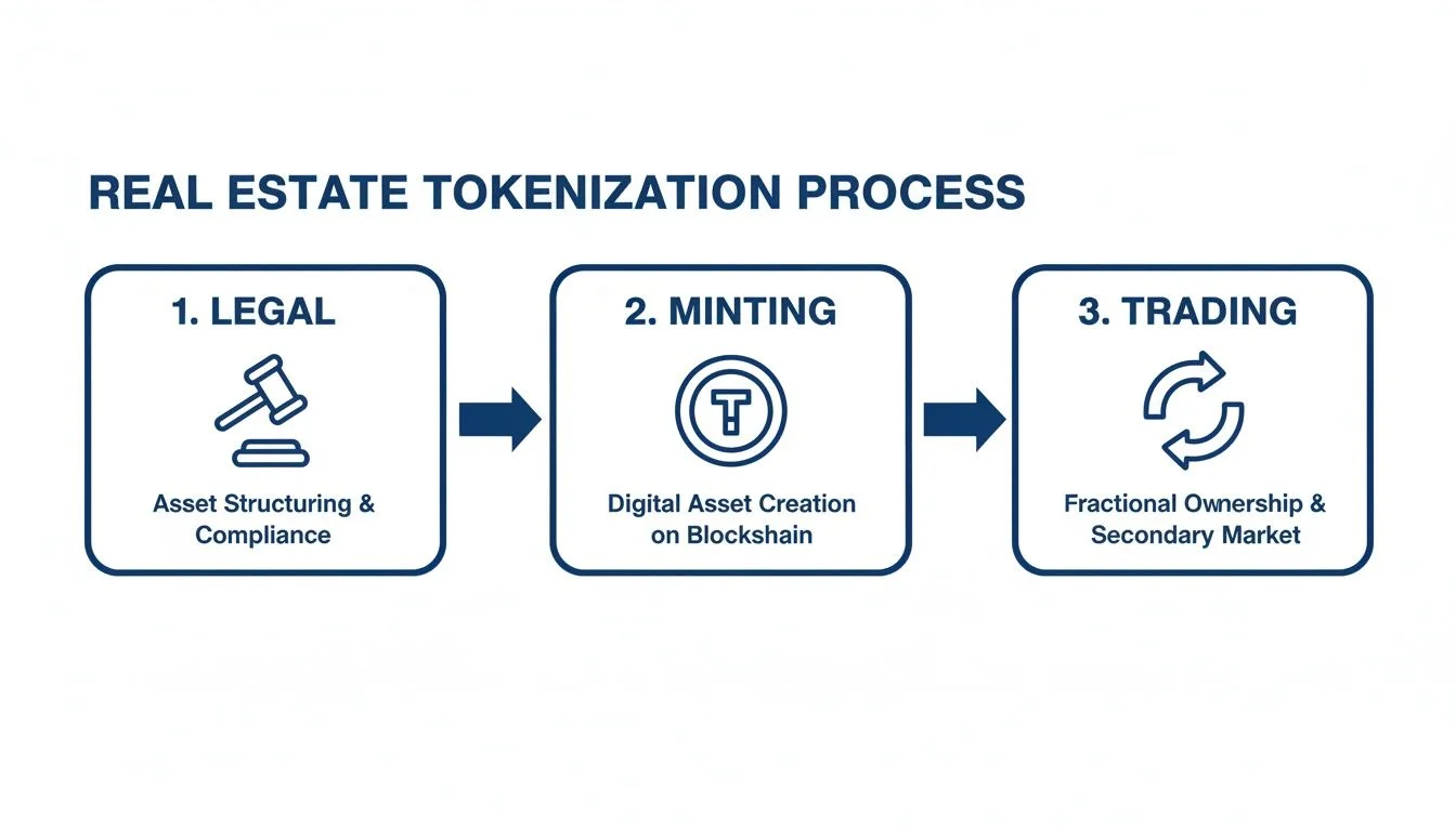 An infographic detailing the three-step real estate tokenization process: legal, minting, and trading.