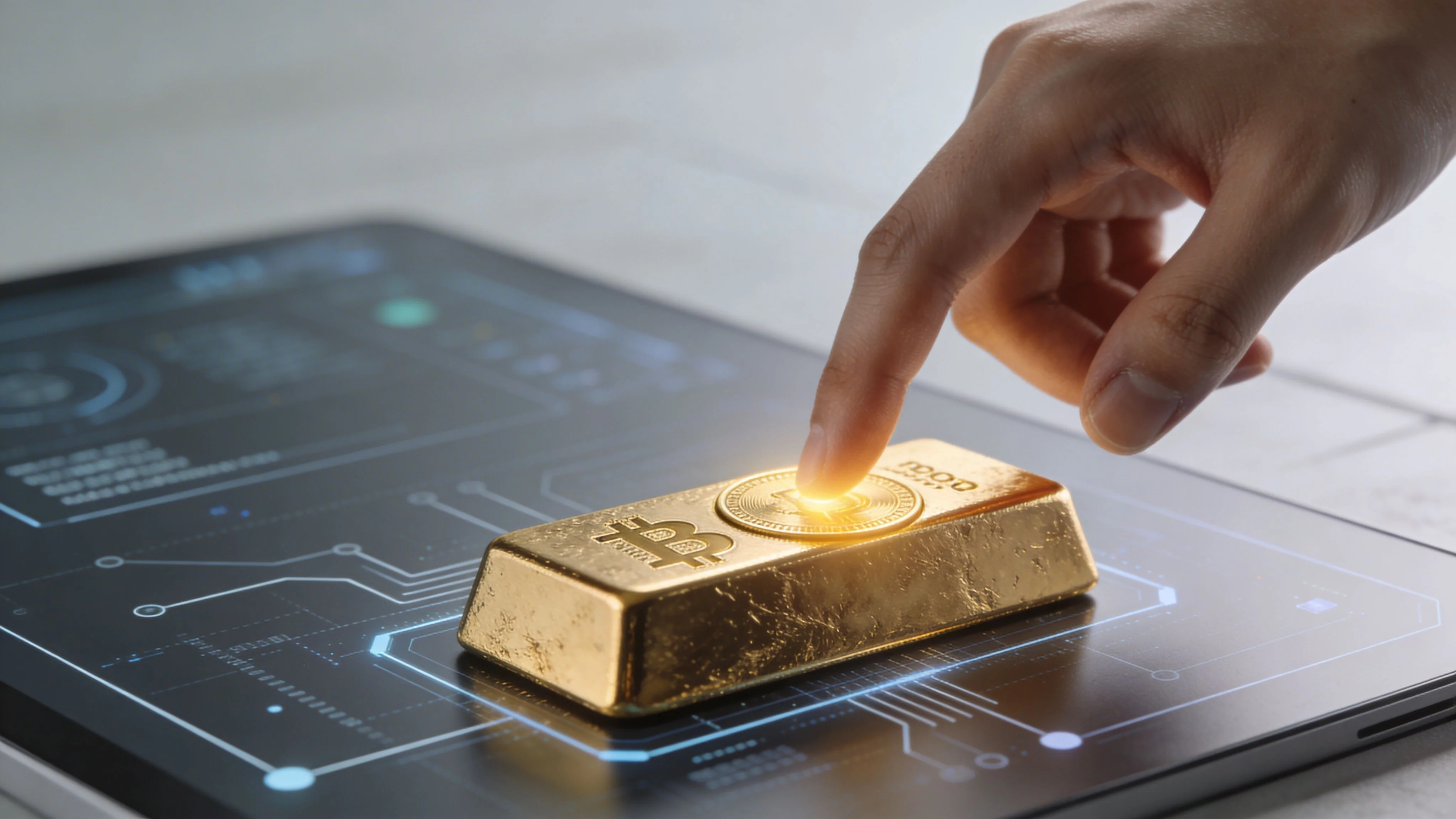 A hand touching a golden Bitcoin bar displayed on a digital tablet with blockchain technology graphics.