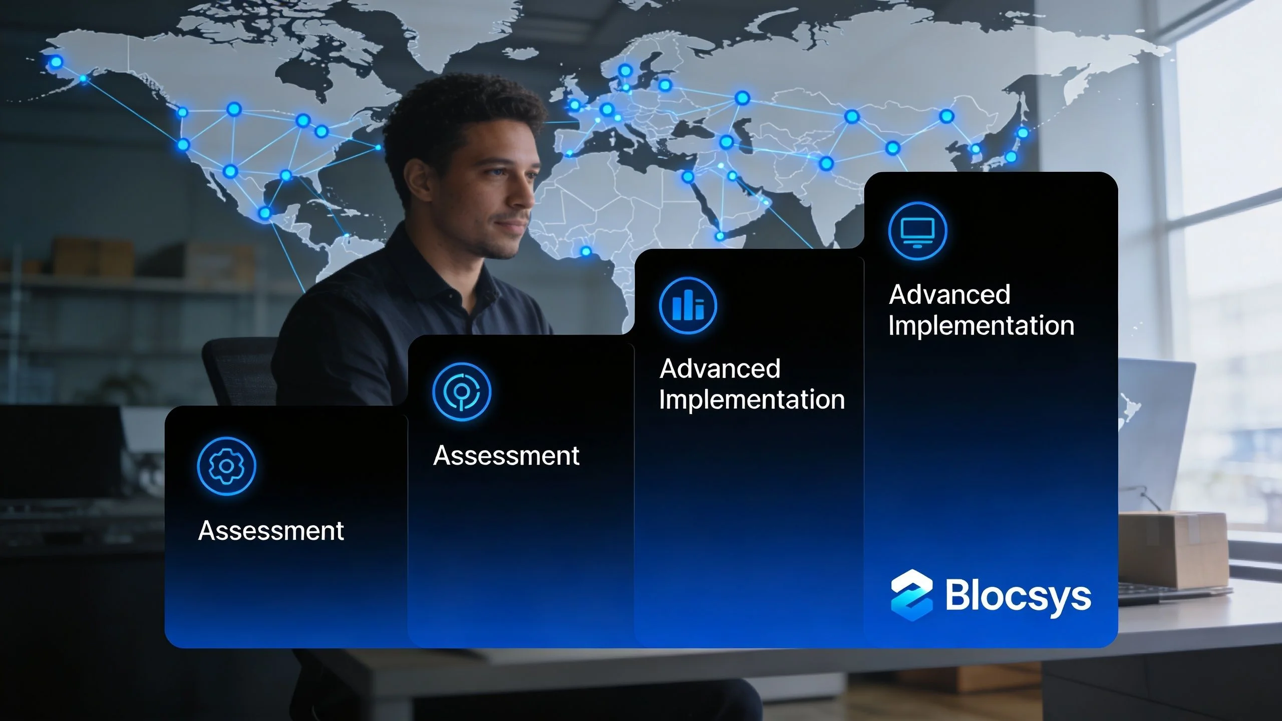 A professional analyzing digital supply chain processes represented by a glowing network map and workflow step graphics.