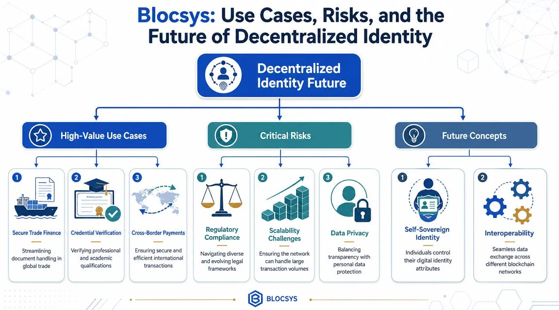 A diagram illustrating the use cases, critical risks, and future concepts for decentralized identity using blockchain technology.