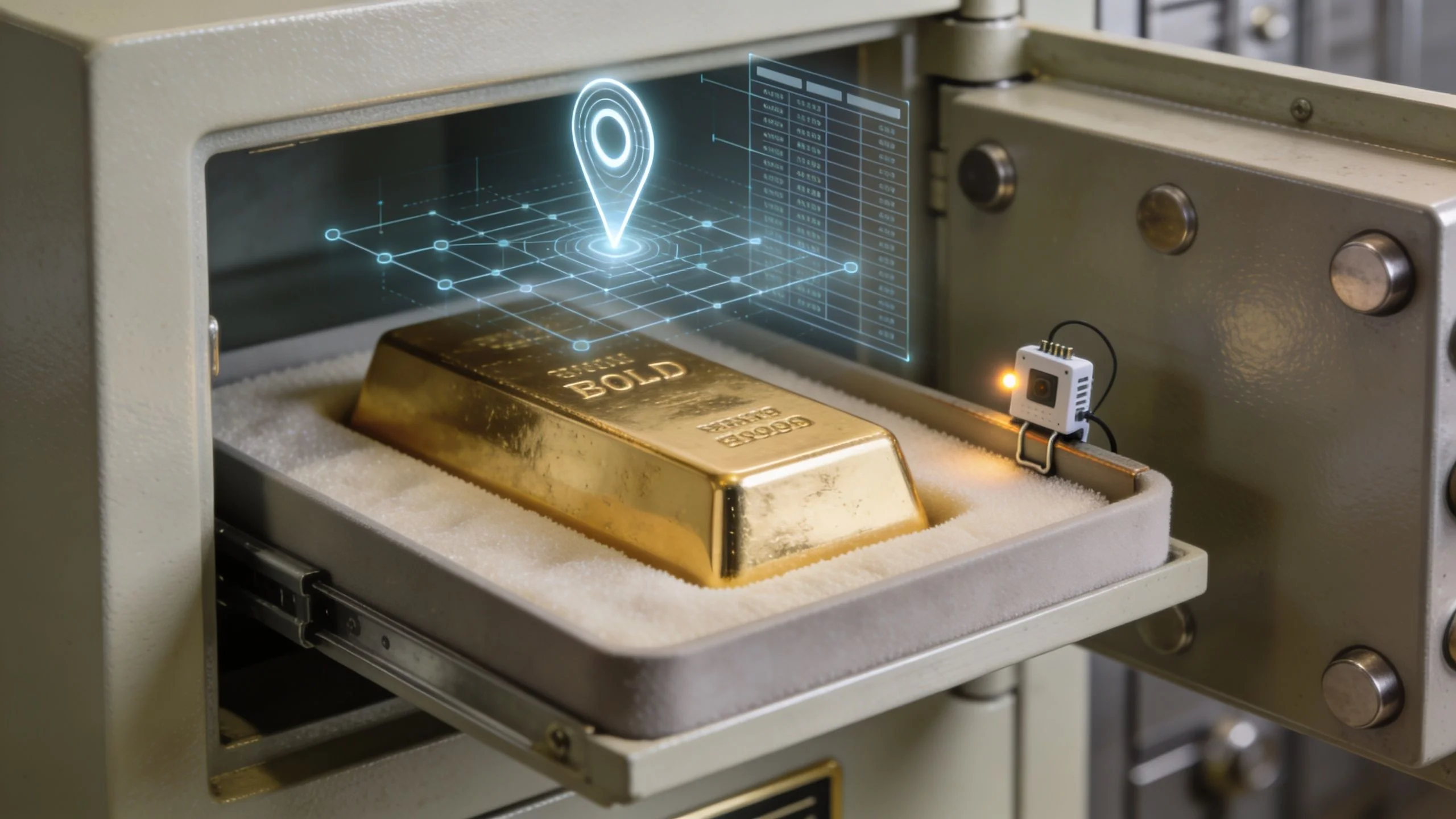 A gold bar inside a secure vault monitored by a small Internet of Things tracking device.