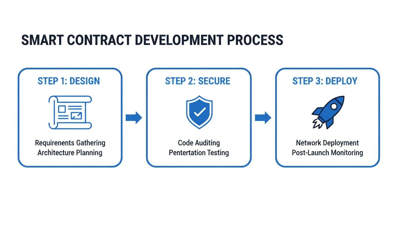 Infographic showing the three-step smart contract development process, from design to secure deployment.