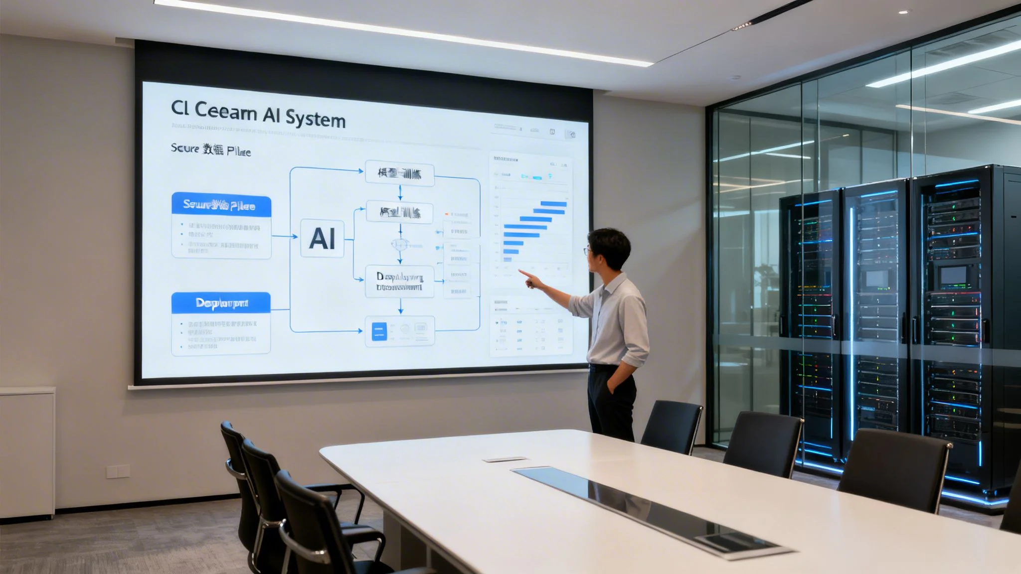 A man in a modern meeting room presents an AI system diagram on a large screen with server racks.