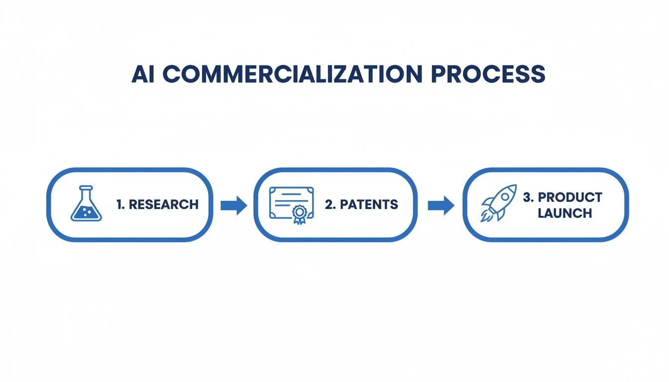 A flowchart illustrating the AI commercialization process, detailing steps from research to patenting and product launch.